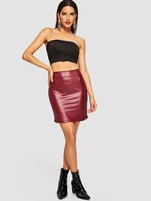 SHEIN 拉錬pu半身裙 - 酒紅色 - 查看 4