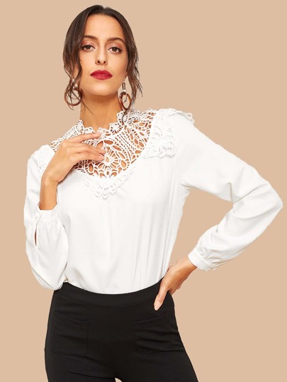 Lace Contrast Mock Neck Solid Top pictures