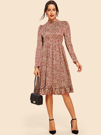 Puff Sleeve Ruffle Trim Fit & Flare Dress pictures