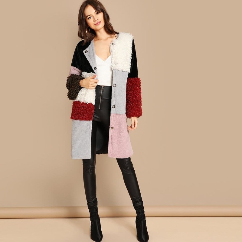 

Single Breasted Color-Block Teddy Coat, Multicolor