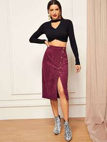 Gold Button Split Corduroy Skirt