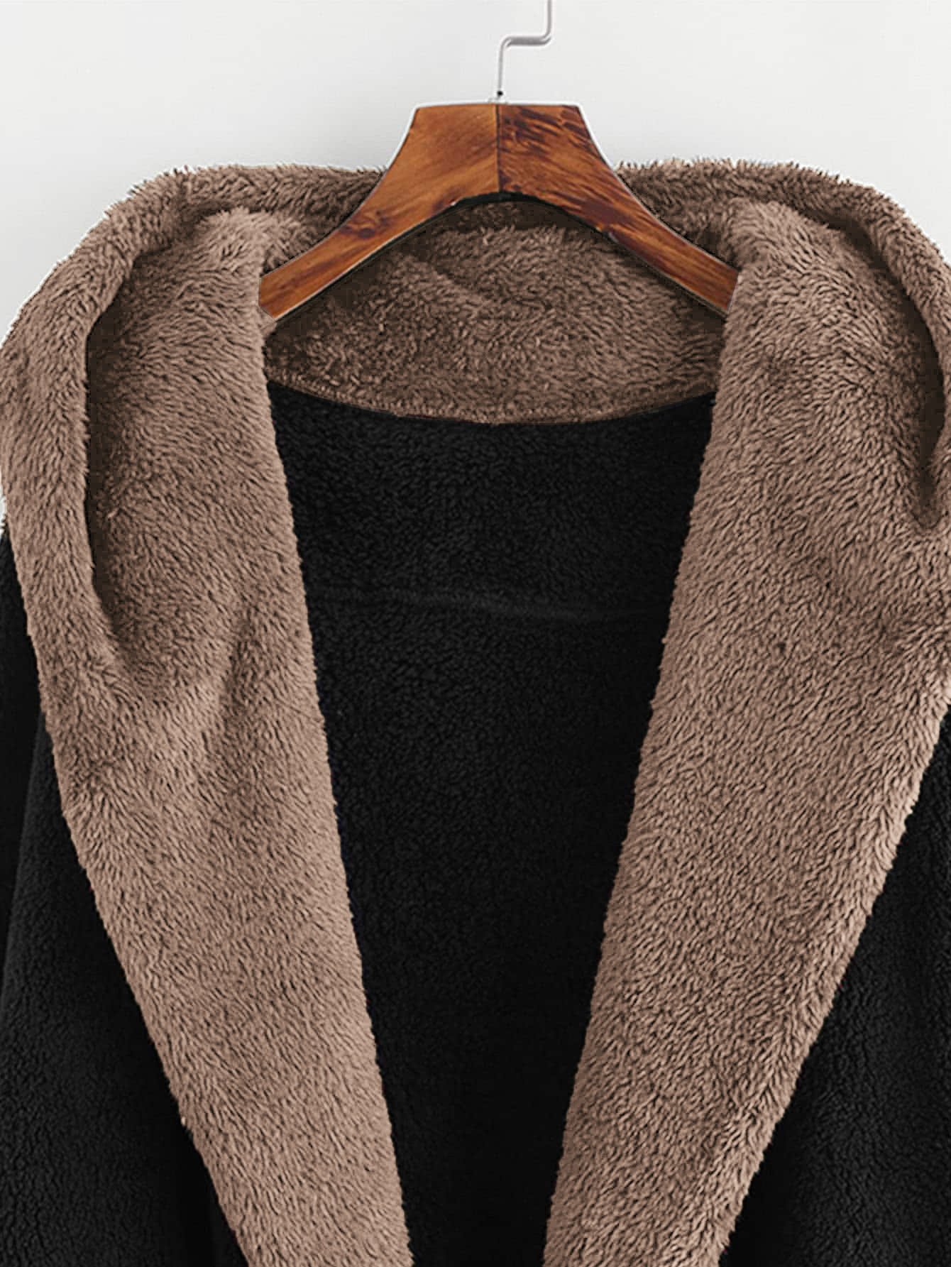 hooded open front fluffy teddy coat
