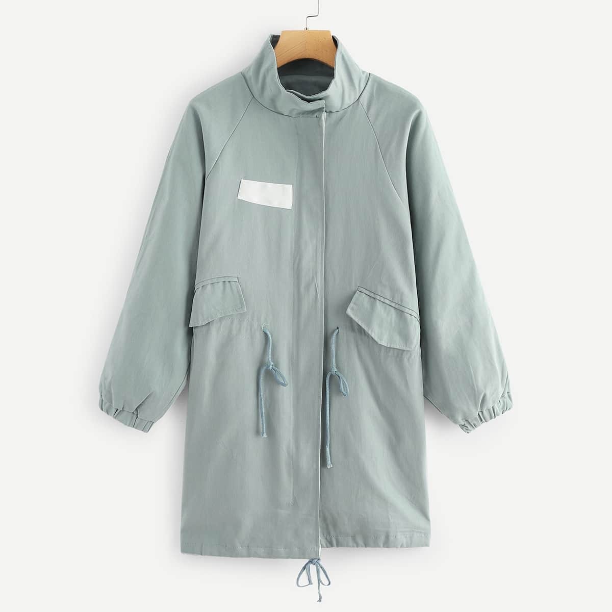 

Drawstring Waist Stand Collar Outerwear, Blue