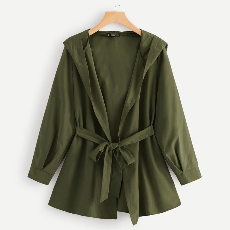 

Waist Belted Solid Hoodie Coat, Army green