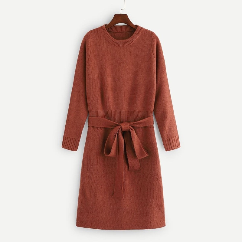 

Self Belted Sweater Dress, Brown