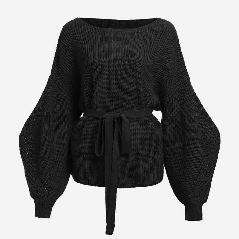 

Lantern Sleeve Tie Waist Solid Sweater, Black
