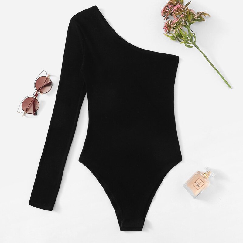 

One Shoulder Solid Bodysuits, Black