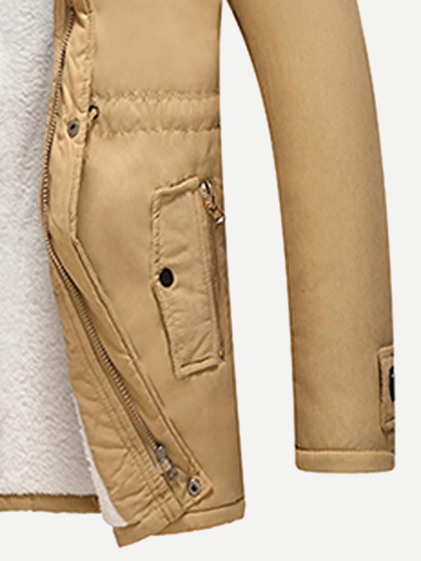 cheap men fleece lined patched detail hooded jacket for sale