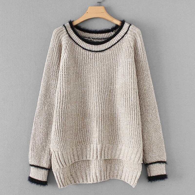 

Contrast Trim Raglan Sleeve Dip Hem Sweater, Beige