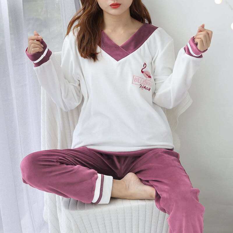 

Flamingo & Letter Embroidered Pajama Set, Multicolor