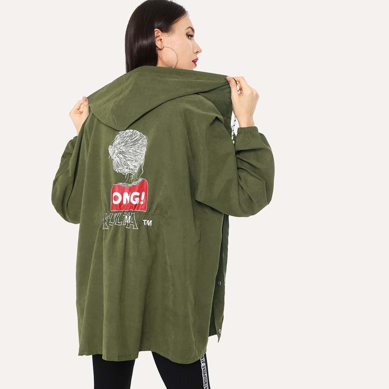 

Girl Pattern Hooded Jacket, Army green