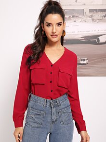 Pocket Patched Button Up Blouse