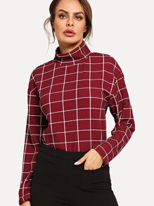 Mock-Neck Grid Print Blouse