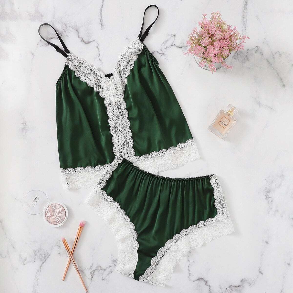 Image of Contrast Lace Scalloped Trim Satin Cami Top & Panty