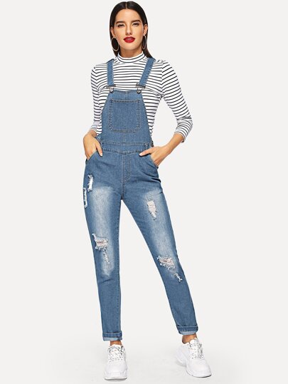 Slant Pocket Bleach Wash Ripped Denim Jumpsuit pictures