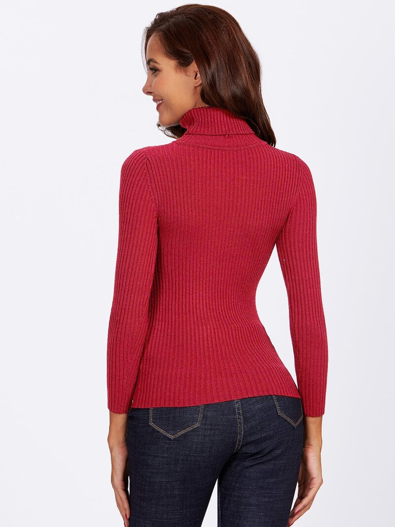 

Turtleneck Rib Knit Fitted Jumper, Red