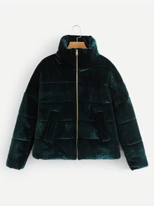 Velvet Padded Coat - Dark Green - View 1