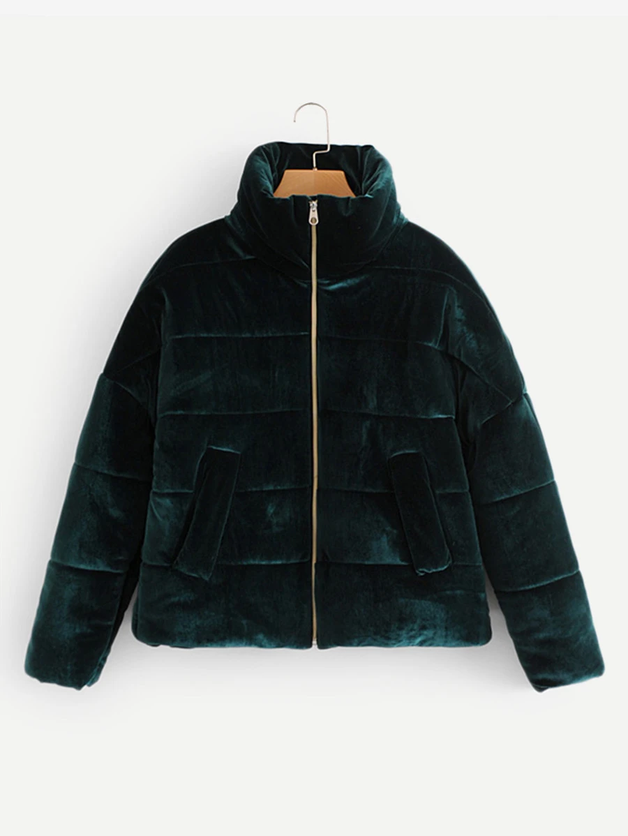 Velvet Padded Coat - Dark Green - View 1
