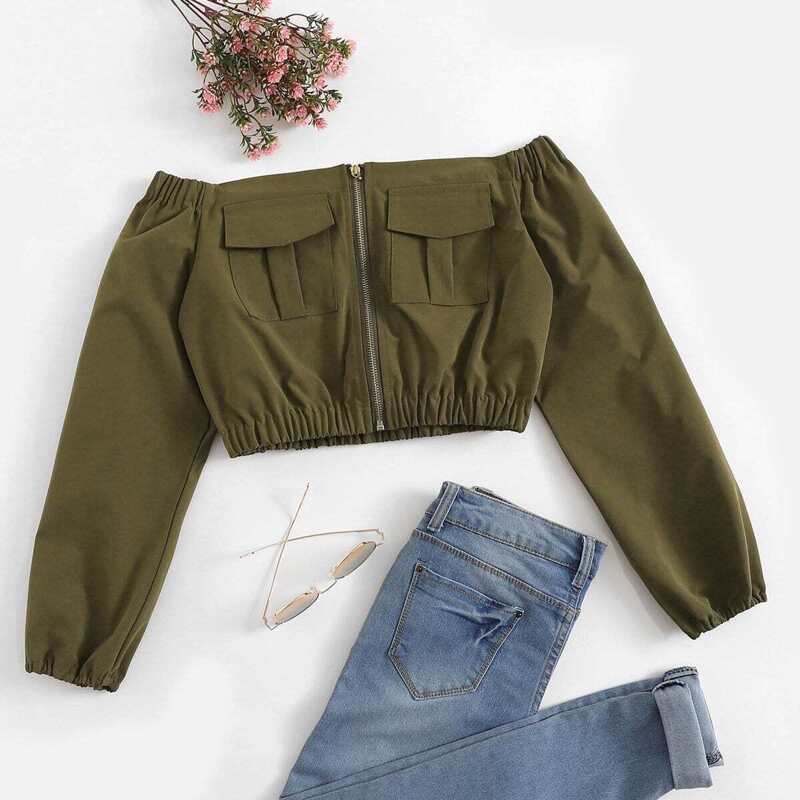 

Pocket Side Off The Shoulder Blouse, Army green