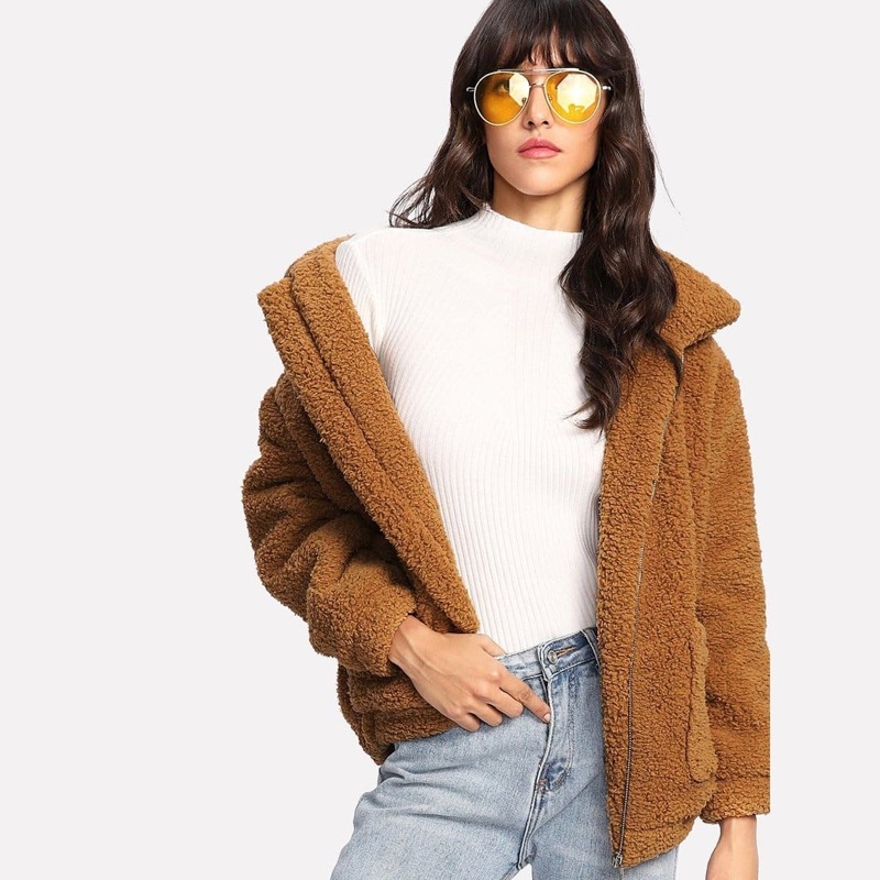 

Zip Up Solid Teddy Jacket, Brown
