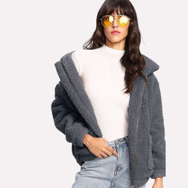 

Zip Up Solid Teddy Jacket, Grey