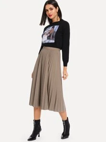 Pleated Elastic Waist Skirt - Mocha Brown - View 4