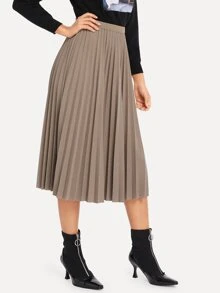 Pleated Elastic Waist Skirt - Mocha Brown - View 3