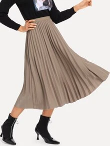 Pleated Elastic Waist Skirt - Mocha Brown - View 1
