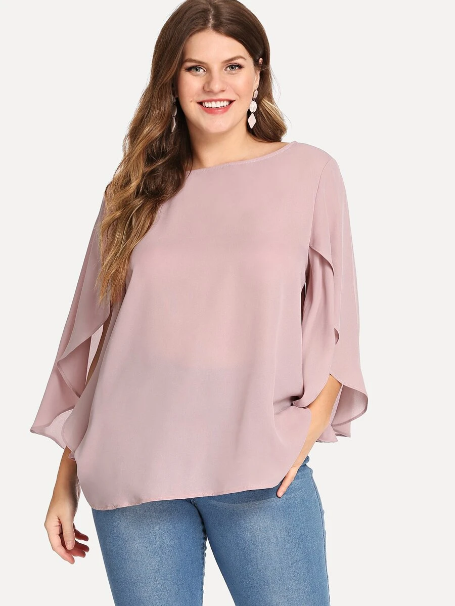 SHEIN LUNE Áo sơ mi Plus Size Ruffle màu trơn Hồng Casual - Màu Hồng baby - Xem 1