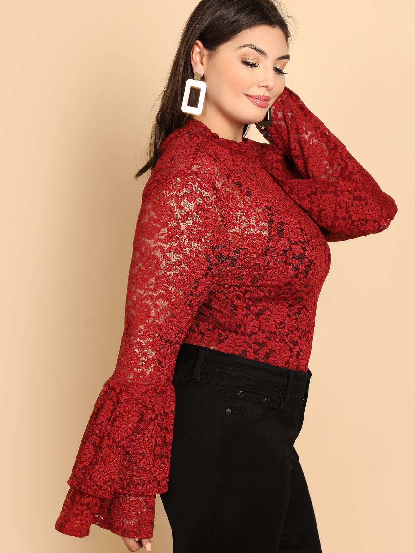 Layered Bell Sleeve Keyhole Back Lace Panel Blouse Layered Bell Sleeve Keyhole Back Lace Panel Blouse