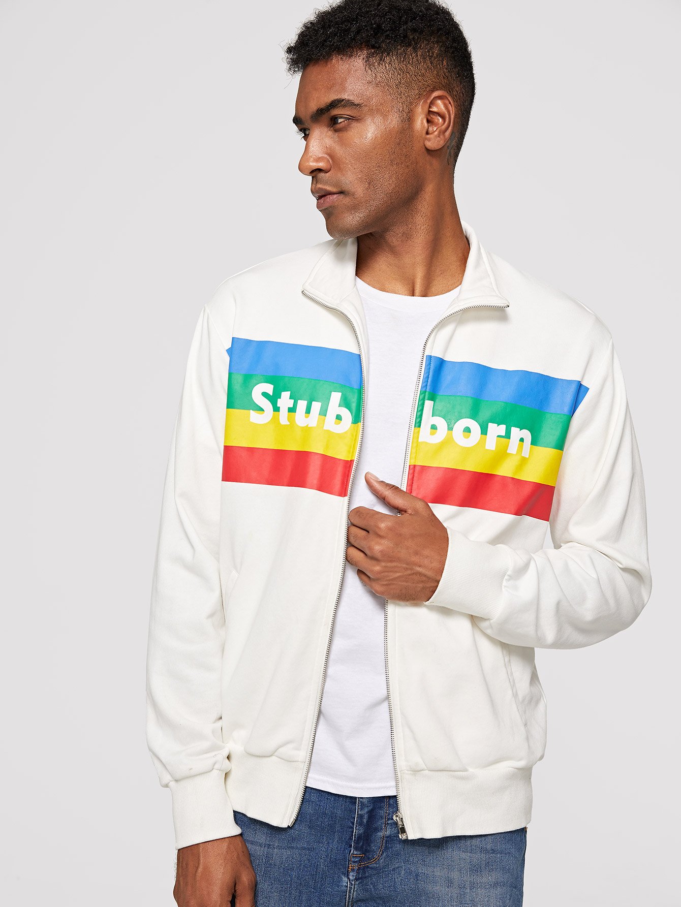white sweatshirt with rainbow stripe