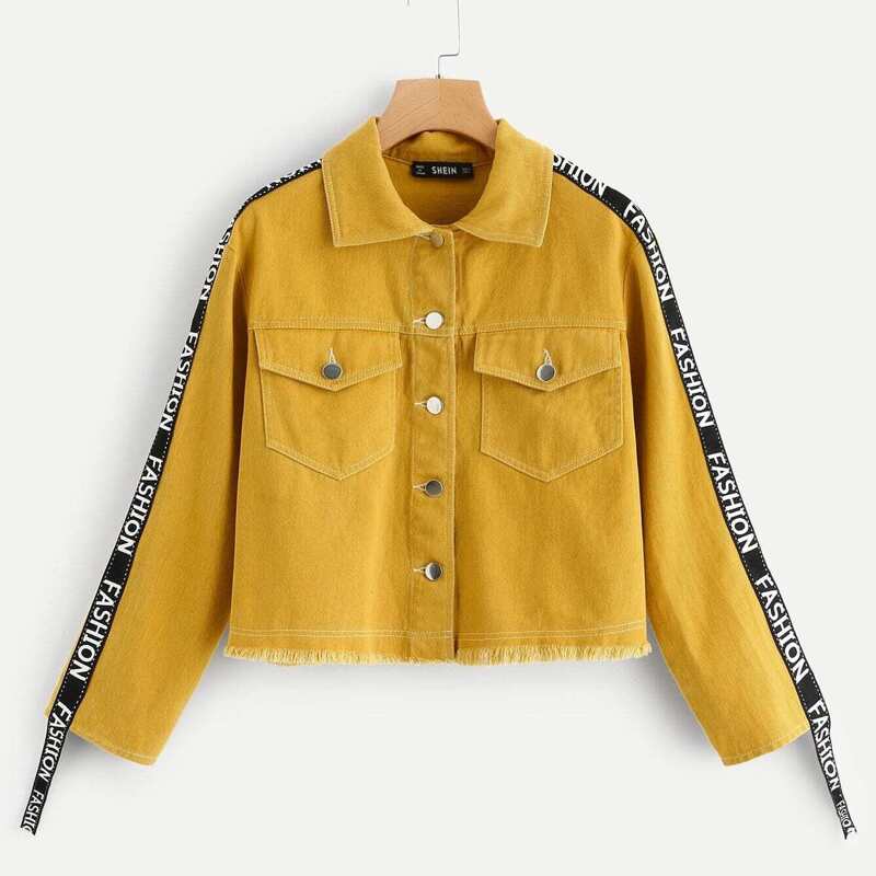 

Button & Pocket Front Collar Letter Jacket, Yellow
