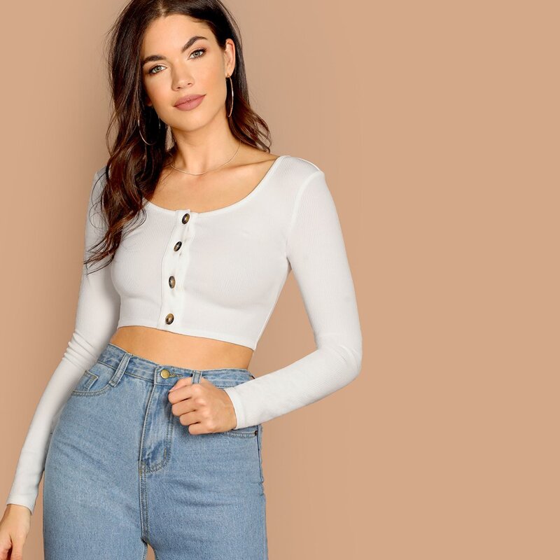 

Button Front Form Fitting Crop Tee, White