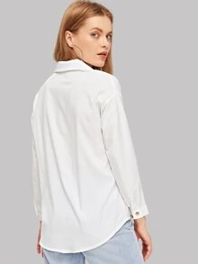SHEIN LUNE 纯色纽扣弧形下摆衬衫，长袖上衣 - 白色 - 查看 2
