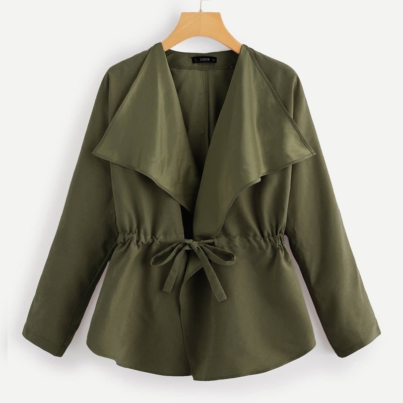 

Drawstring Waist Solid Waterfall Coat, Army green