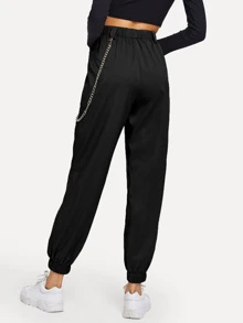 SHEIN Chain Detail Elastic Waist Trousers - Black - View 2