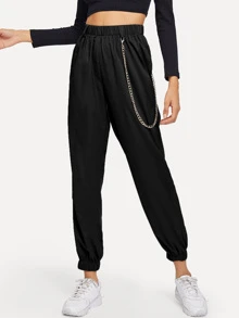 SHEIN Chain Detail Elastic Waist Trousers - Black - View 4
