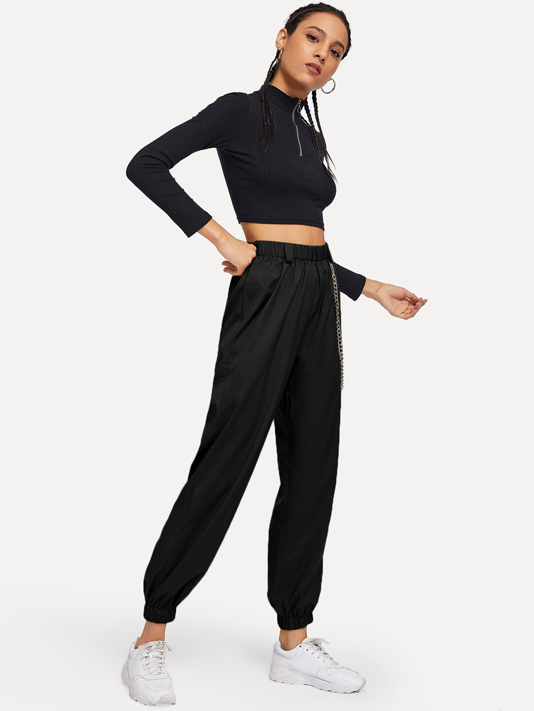 SHEIN Chain Detail Elastic Waist Pants - Black - View 3