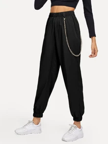 SHEIN Chain Detail Elastic Waist Trousers - Black - View 1