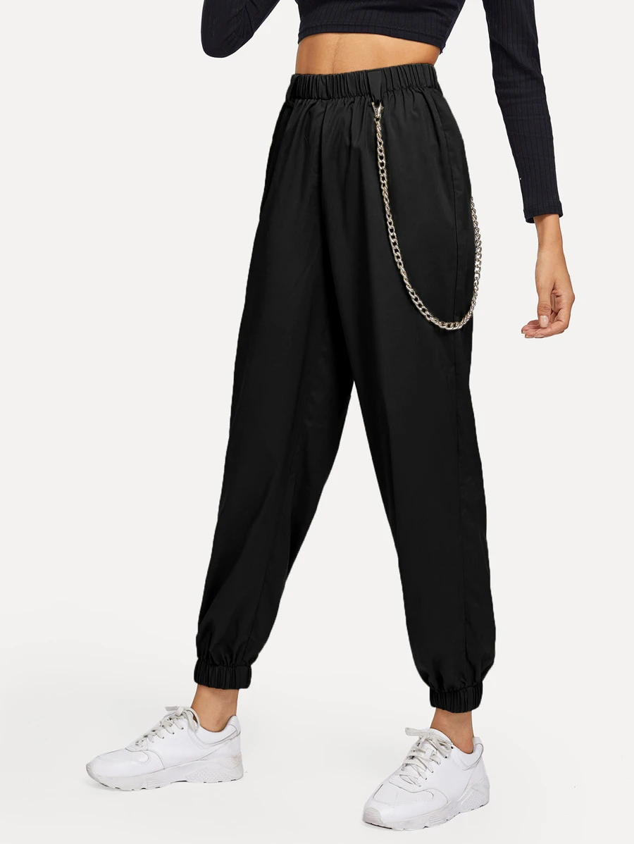 SHEIN Chain Detail Elastic Waist Trousers - Black - View 1