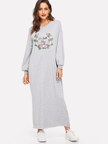 Drop Shoulder Floral and Letter Hijab Dress