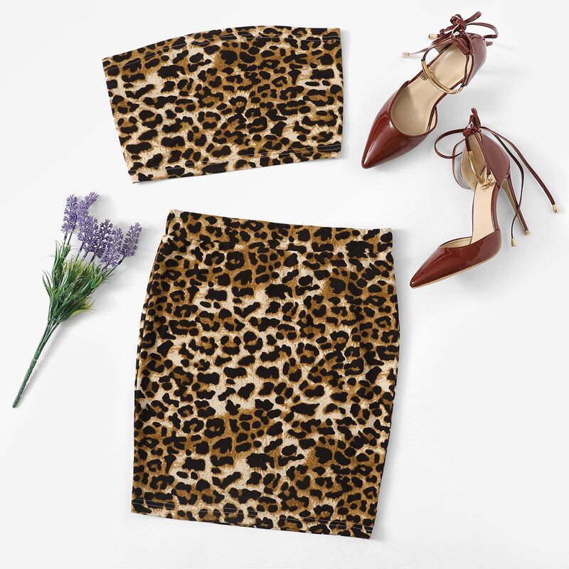 

Leopard Print Tube Top & Skirt Set, Multicolor