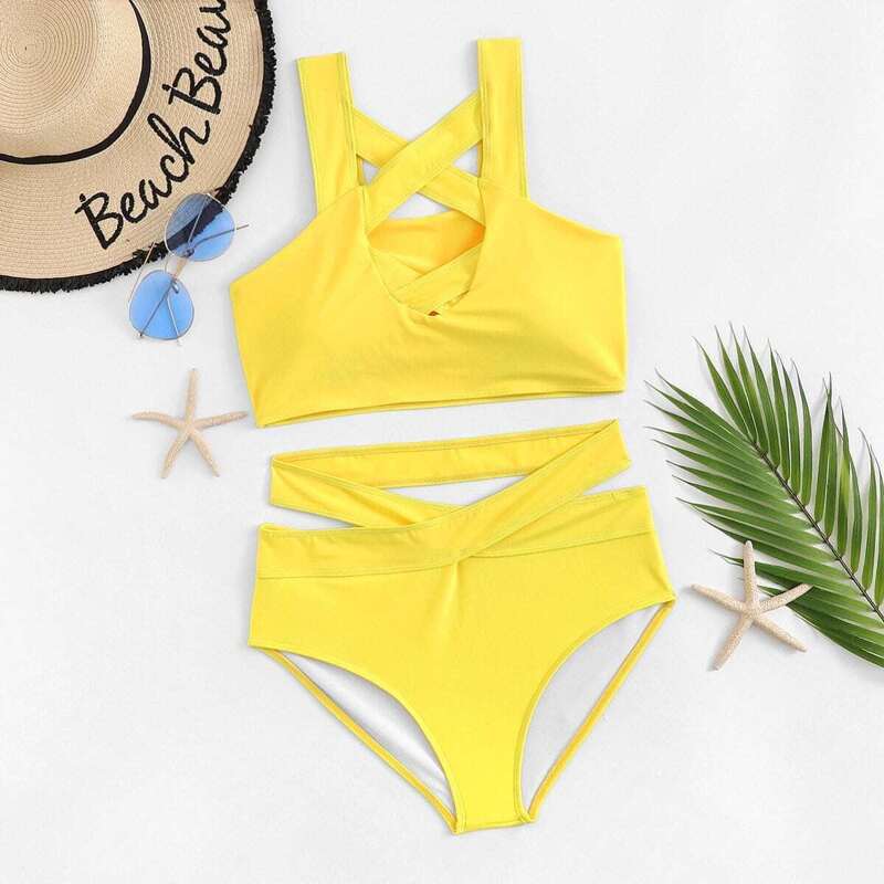 

Criss Cross Top With Cut-Out High Waist Bikini, Yellow bright
