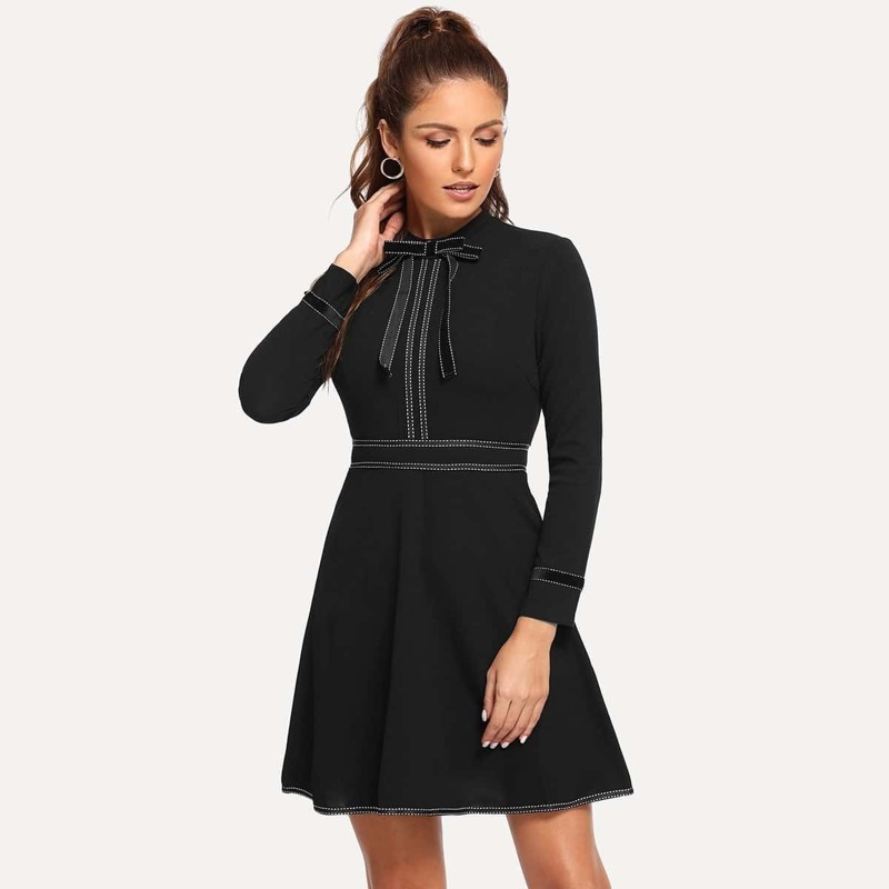

Tie Neck Contrast Trim Dress, Black