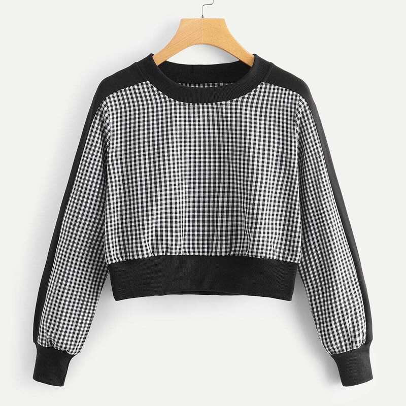 

Plaid Panel Crop Sweatshirt, Black