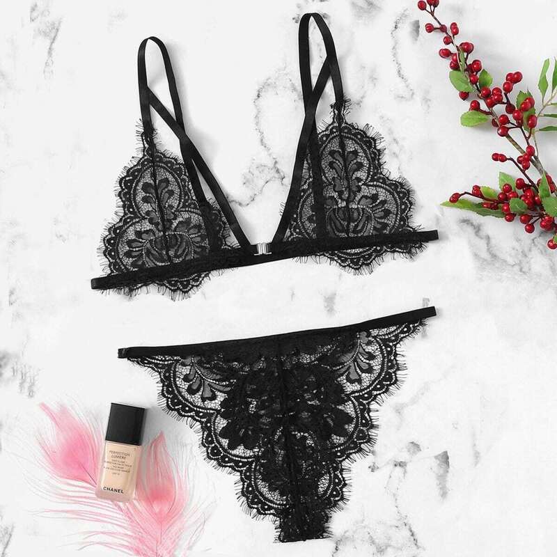 

Eyelash Lace Lingerie Set, Black
