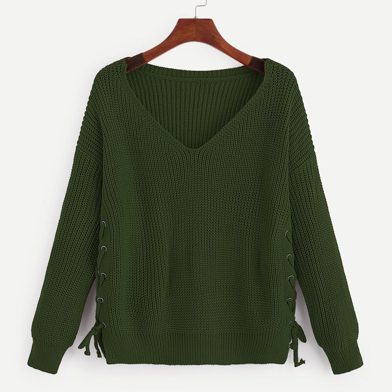 

Lace Up Side V-Neck Jumper, Army green