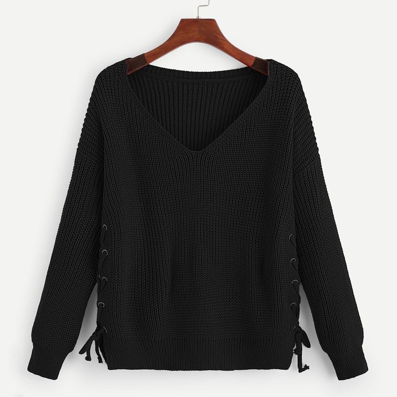 

Lace Up Side V-Neck Jumper, Black