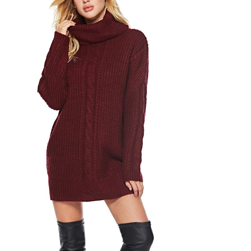 

High Neck Cable Knit Sweater Dress, Burgundy
