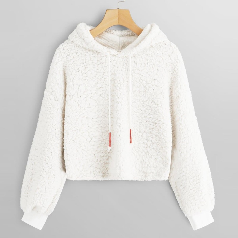 

Crop Hooded Teddy Sweatshirt, Beige white